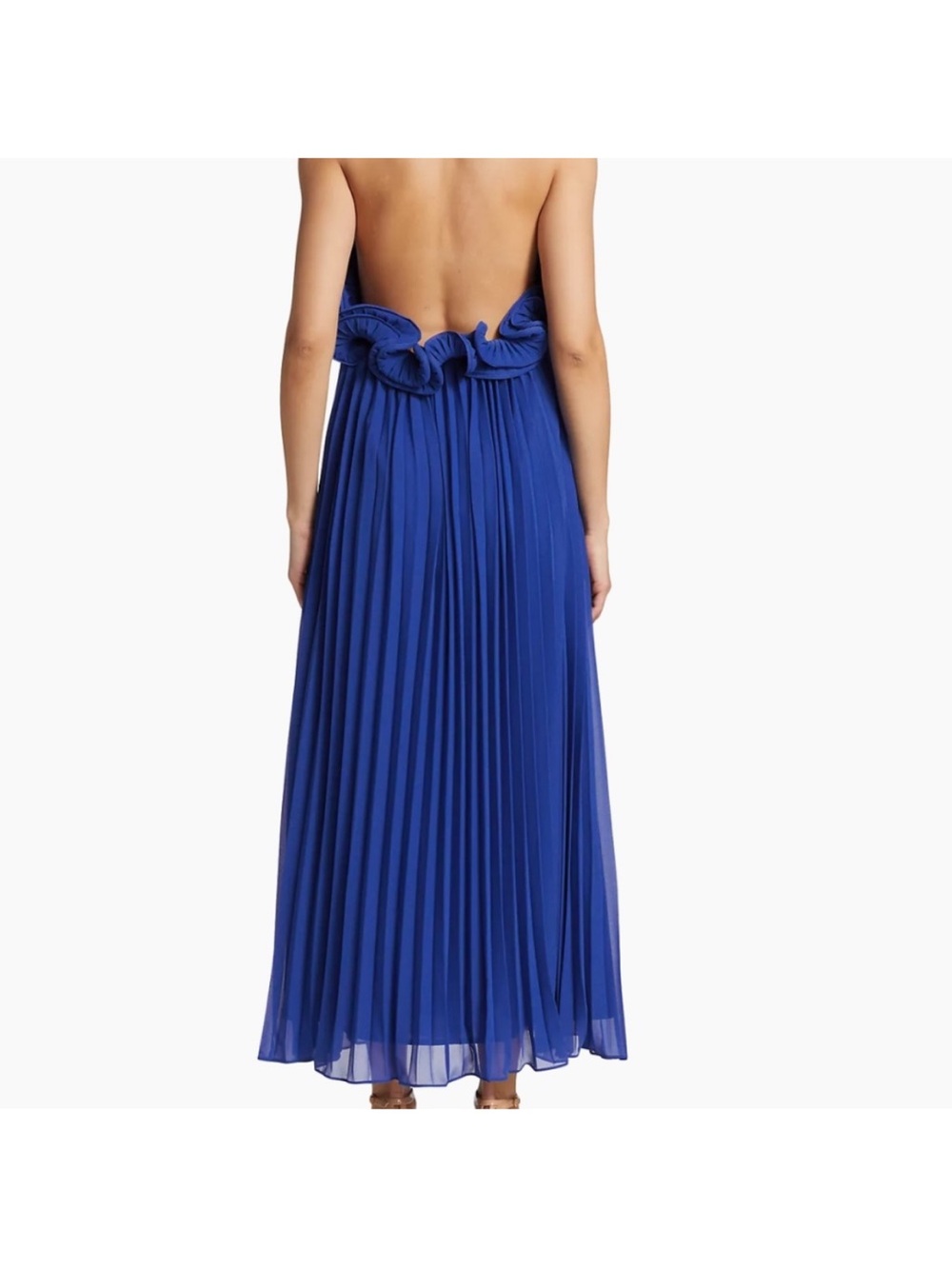 AMUR Cobalt Blue Backless Pleated Maxi Dress with Ruffle Halter - Picture 5 of 8